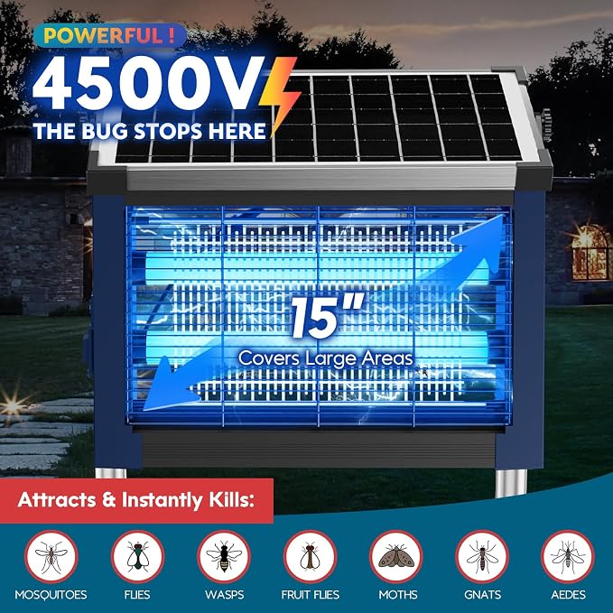 Solar Bug Zapper Outdoor, PhatroyYee Mosquito Zapper 4500V, Waterproof Portable Fly Zapper, Rechargeable Electric Mosquito Killer, Cordless Fly Insect Mosquitos Trap for Patio Yard Camping BBQ(Blue)