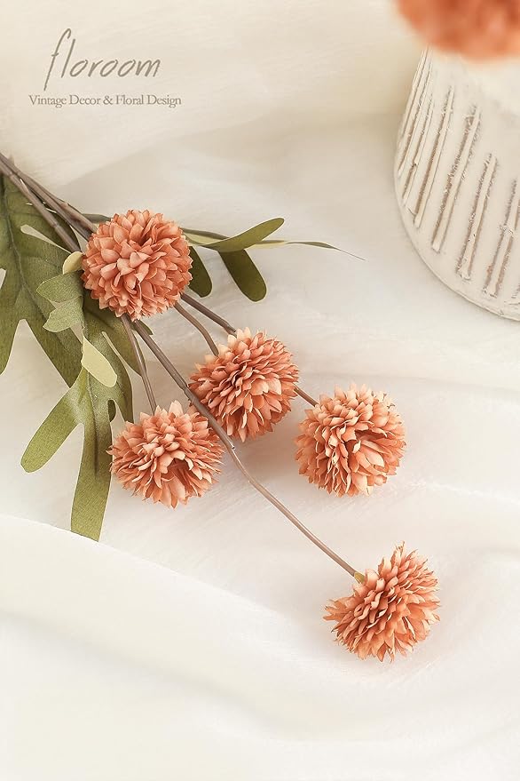 Floroom 5pcs Burnt Orange Faux Silk Mums Artificial Flowers, Bulk Fake Small Mini Chrysanthemums with Stems for DIY Wedding Centerpieces Floral Arrangements Vase Fillers Home Decorations