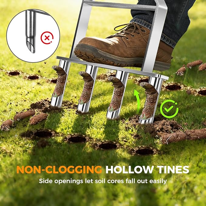 Suntee Lawn Aerator Tool, All Stainless Steel Manual Core Aerator Lawn Tool with 4 Hollow Tines, Adjustable Height Semi-Assembled Heavy Duty Steel Grass Aeration for Lawn Care, Silver