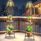 2 Pack Outdoor Solar Floor Lamp with Plant Stand, Waterproof Metal Garden Lights with 2-Tier Shelves, Decorative LED Cordless Patio Lamp for Porch, Deck, Balcony, Yard & Corner Decor (Bronze)