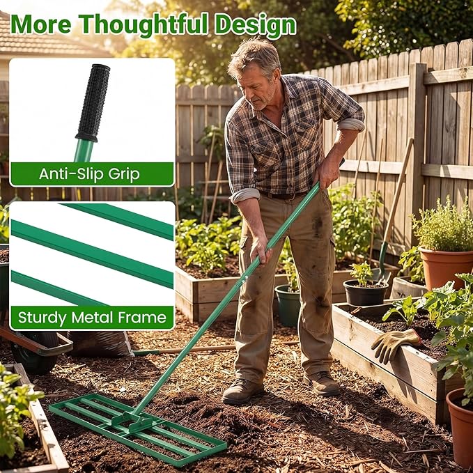 Goplus Lawn Leveling Rake, 30" x 10" Heavy Duty Level Lawn Tool w/ Ergonomic Handle for Soil, Effort-Saving Landscape Rake for Garden, Backyard, Golf Course, Farm, Pasture (Green)
