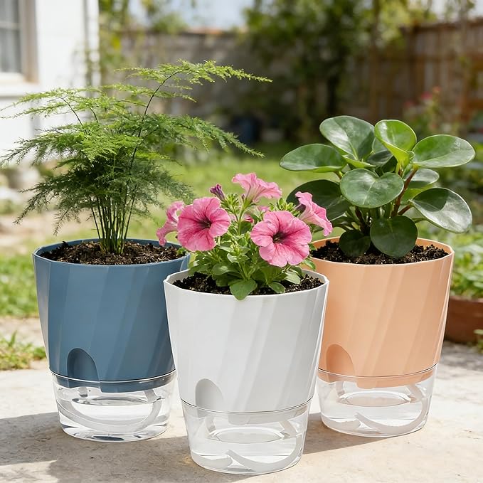 KIMCHOMERSE Self Watering Plant Pots 4.7 Inch, 6 Pack Indoor Planters with Drainage Holes & Saucers, Decorative Flower Pots for Home Office Decor (2 White, 2 Pink, 2 Blue)