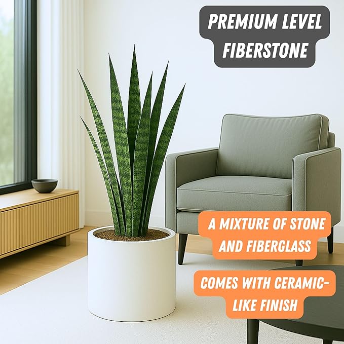 Fox & Fern 15" Large Planter Fits Plant Stand - Fiberstone - Drainage Plug - Indoor Outdoor - Matte White