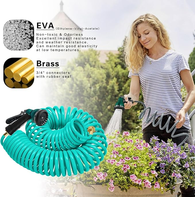 Coil Hose 50FT EVA Coil Garden Hose With 3/4'' Brass Connector Coiled Water Hose Lightweight And No Kink Includes 7 Patterns Spray Nozzle For Outdoors Lawn Watering Car Washing