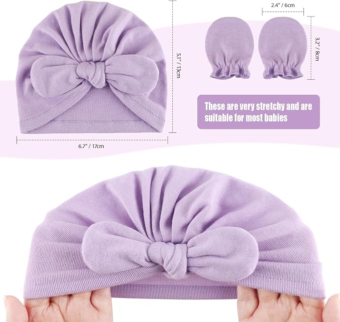 BQUBO Baby Turban Hats and Mittens Set Newborn Infant Hospital Hats Caps with Bows for Baby Boys Girls 0-12 Months