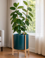 D'vine Dev Ceramic Planter with Natural Stand - 14 Inch Modern Round Flower Pot with Wood Planter Holder, Teal, 55-B-R-4