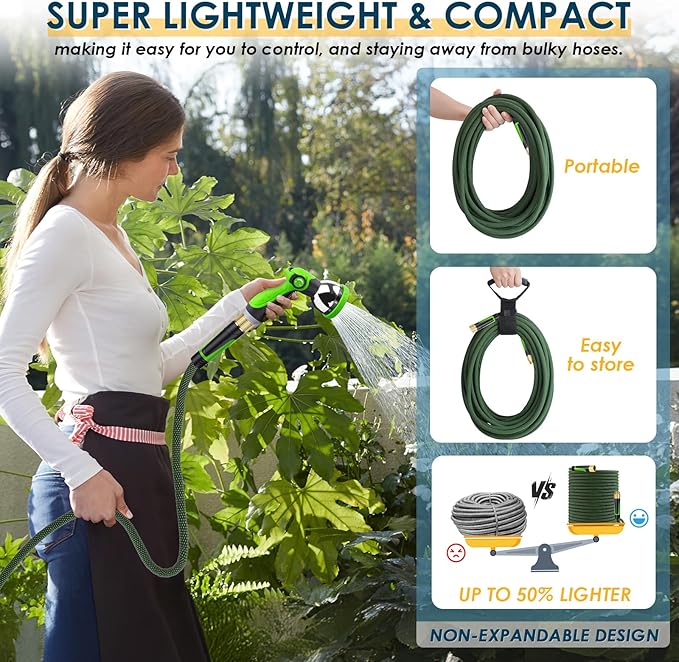 Non-Expandable Garden Hose 100 FT, Lightweight Hose with 10 Function Spray Nozzle, Kink-Free Flexible Water Hose, Durable, Leak-Proof, 360° Swivel Connectors, Portable Storage Strap