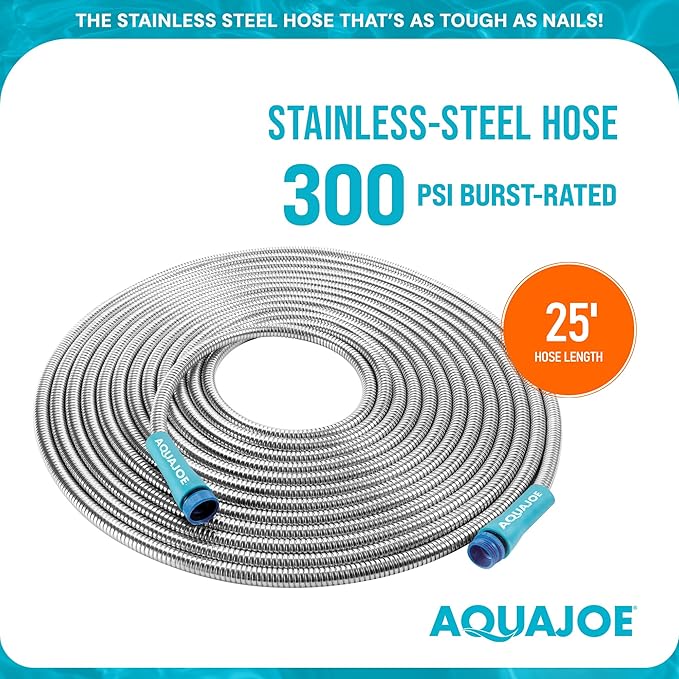 Aqua Joe AJSGH25 1/2-Inch Heavy-Duty, Puncture Proof Kink-Free, Spiral Constructed 304-Stainless Steel Metal, Garden Hose, 25-Foot