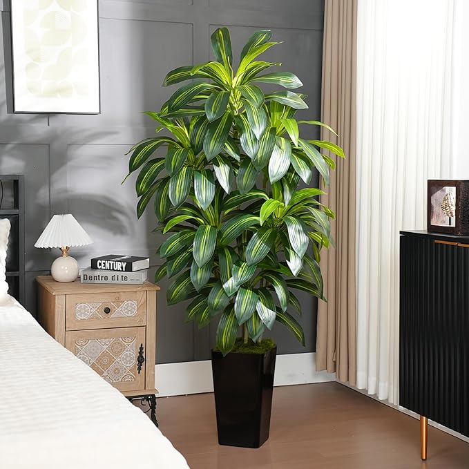 6FT Artificial Dracaena Tree - High-Density Foliage Fake Plant with Black Tall Planter - Faux Yucca Floor Plant for Home Office Decor Indoor