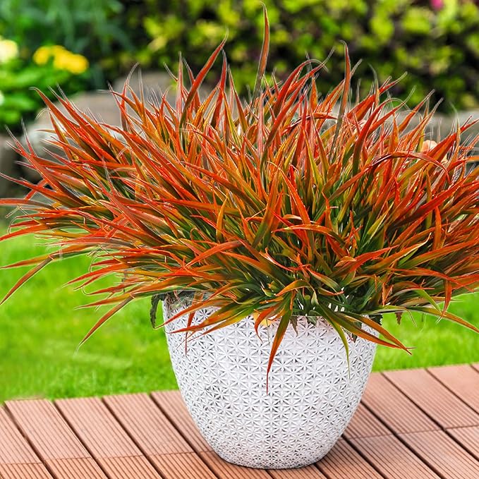 12 Bundles Fake Fall Outdoor Plants Artificial Grass Fall Stems Faux Plastic Fall Shrubs for Home Garden Pathway Window Box Front Porch Cemetery Fall Decor, Autumn Orange