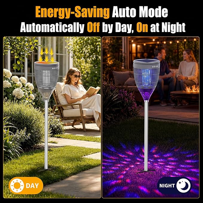 Rossetta Solar Bug Zapper Outdoor, Mosquito Zapper with Flame Lamp & Projector Light, 4200V Electric Fly Zapper Waterproof Rechargeable Mosquito Killer, Cordless Fly Trap for Patio, Backyard, Garden