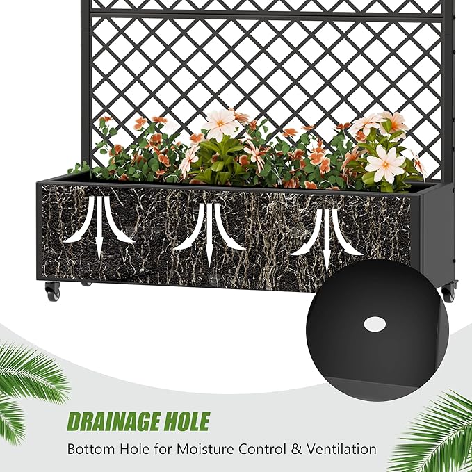 Casaphoria Metal Raised Garden Bed with Trellis and Wheels, 72"x47"x16" Arched Planter Box for Climbing Plants, Vegetables & Vines, Features Drainage Holes and Privacy Screen, Black-Rhombus
