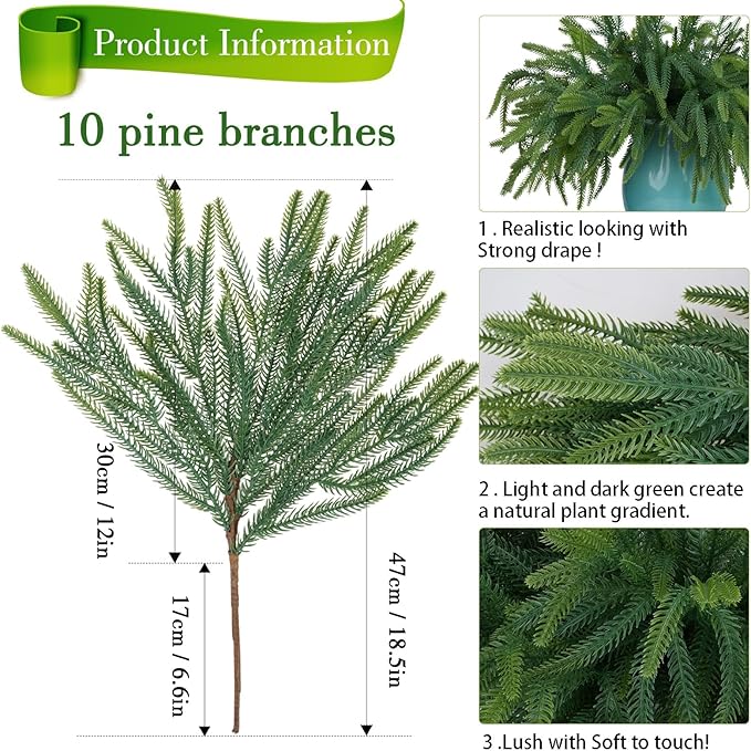 18Inches 10pack Christmas Norfolk Pine Branch Real Touch Artificial Norfolk Branches,Fake Stems Greenery Pine Picks for Indoor Home Holiday Decor Vase DIY Wreath Outdoor Porch Decoration