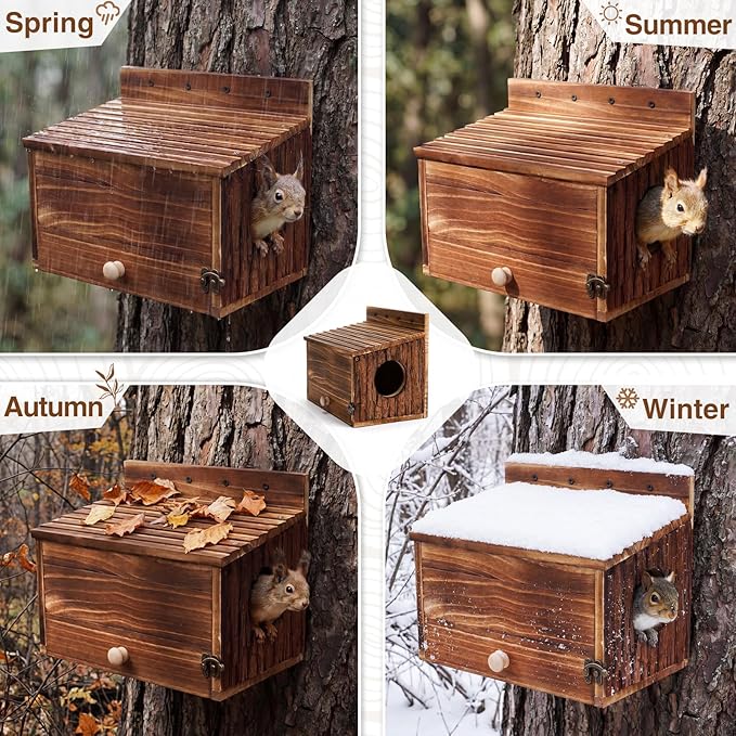 Chumia Squirrel Nesting Carbonized Wooden Squirrel House Outdoor Weather Natural Style Ventilation Easy to Clean Breed Living Shelter for Bird Small Animal
