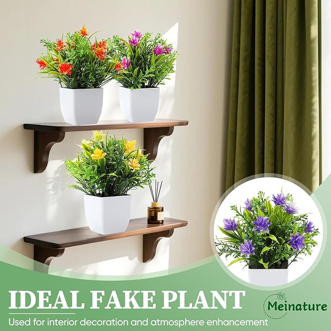 Fake Plants 4 Packs, Small Artificial Plants with Flowers, Black Faux Plants for Bathroom, Office, Home, Conference Table Decor, Indoor Desk Decor for Library, Restaurant