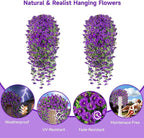 Artificial Hanging Flowers for Outdoors, 2 PCS 300 Blooms UV Resistant Morning Glory Faux Silk Vines, No-Odor Realistic Fake Plants for Garden Planter Porch Patio Decoration, Purple