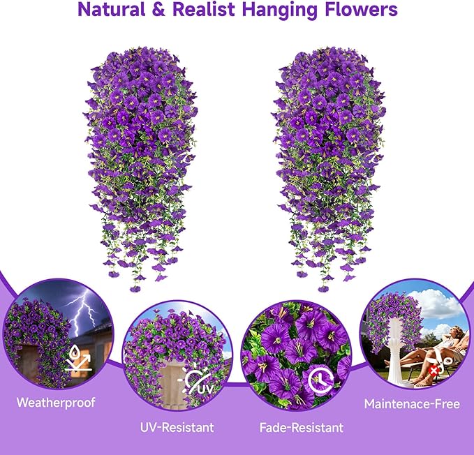 Artificial Hanging Flowers for Outdoors, 2 PCS 300 Blooms UV Resistant Morning Glory Faux Silk Vines, No-Odor Realistic Fake Plants for Garden Planter Porch Patio Decoration, Purple