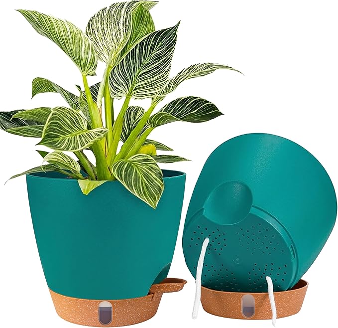 2 Pack 8 inch Plant Pots, Plastic Self Watering Planters with Drainage Holes, Deep Reservoir, Water Level Indicator, Modern Decorative Flower Pots for Indoor Outdoor Plants (Turquoise)
