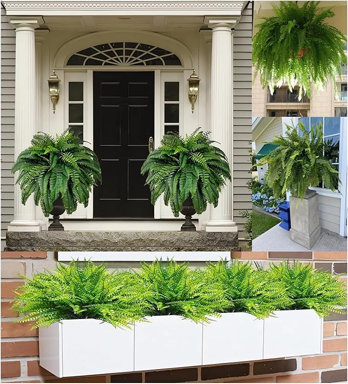 UV Resistant Lifelike Artificial Boston Fern - 2024 New Faux Boston Ferns Outdoor Planter Large, Realistic Fake Feen Hanging Silk Fern Stems Indoor Basket Plant Urn Fillers Front Porch (4, Green)