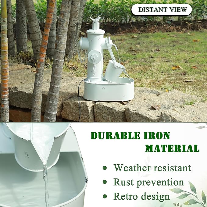 Metal Fire Hydrant Solar Water Fountain with Backup Battery,Solar Powered Water Fountain Outdoor,Solar Fountain Bird Bath for Garden, Patio & Yard Decor,Working at Night for at Least 6 Hours (White)