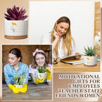 Funnymoom 12 Pcs Inspirational Succulent Pot Bulk Teacher Appreciation Gift Floral Ceramic Planter with Bamboo Tray Thank You Gifts for Volunteer Coworker Employee Office, Plant Excluded (Stylish)