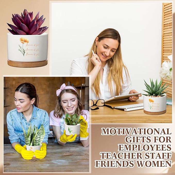 Funnymoom 12 Pcs Inspirational Succulent Pot Bulk Teacher Appreciation Gift Floral Ceramic Planter with Bamboo Tray Thank You Gifts for Volunteer Coworker Employee Office, Plant Excluded (Stylish)
