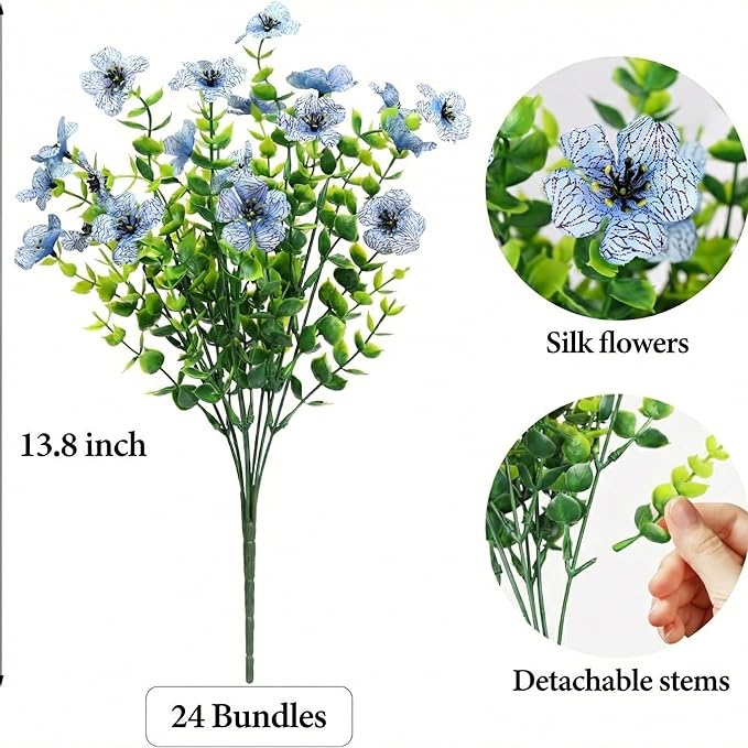 ATTGREAT Artificial Flowers Outdoor Faux Plants UV Resistant Fake Patio Flowers Plastic Greenery Plnats Outside Bulk for Spring Garden Hanging Planter Home Vase Decor, 24 Bundles (Blue)
