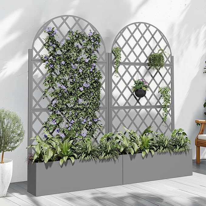 Casaphoria Metal Raised Garden Bed with Trellis and Wheels, 72"x35"x16" Arched Planter Box for Climbing Plants, Vegetables & Vines, Features Drainage Holes and Privacy Screen (Grey-Laurence)