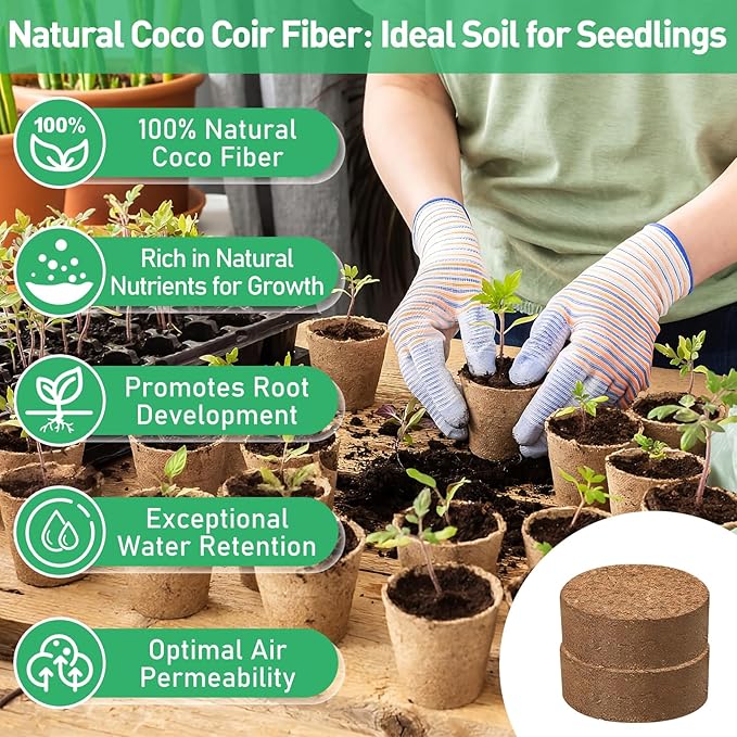 Riare 50 Pcs 50mm Organic Coco Coir Seed Starter Soil, Compressed Coconut Coir Potting Soil Mix for Seed Starting, Coconut Fiber Pellet for Planting Indoor & Outdoor Plants, Vegetables, Garden
