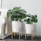 Oakrain Mid Century Planters for Indoor Plants, Metal Plant Set of 2, Modern Decorative Plant Pots for Living Room, Garden, Balcony, Cream White Planters with Glod Plant Stands, 10" & 12"