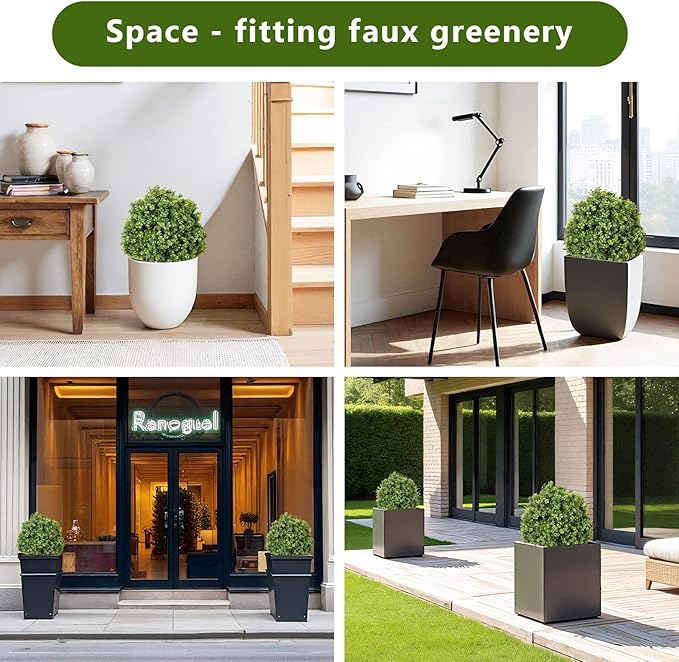 24" Faux Boxwood Plants Outdoor, Artificial Topiary Ball Trees Set of 2, UV Resistant Fake Potted Evergreen Realistic Greenery Bushes Shrubs for Outside Front Porch Planter Patio Indoor Decor 2ft Tall