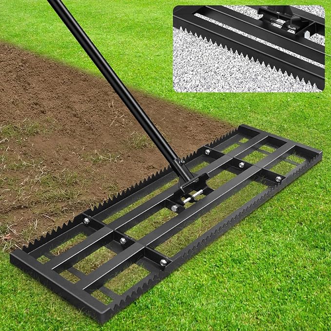 Lawn Leveling Rake-32''x10 Heavy Duty Leveler Reinforced Landscape Tool, Steel Lawn Rake with Serrated Edge & Smooth Plate for Level Soil Compost Sand Grass Dirt Yard Garden 6.5FT Adjustable Handle