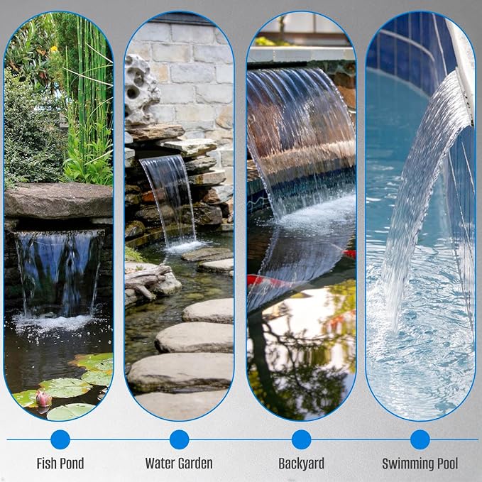 AquaMiracle Complete Outdoor Pond Waterfall Kit with LED Light | 4-Stage Filtration System | 8" Stainless Steel Spillway with 550GPH Water Pump | for Garden Backyard Koi Pond Pool Decoration