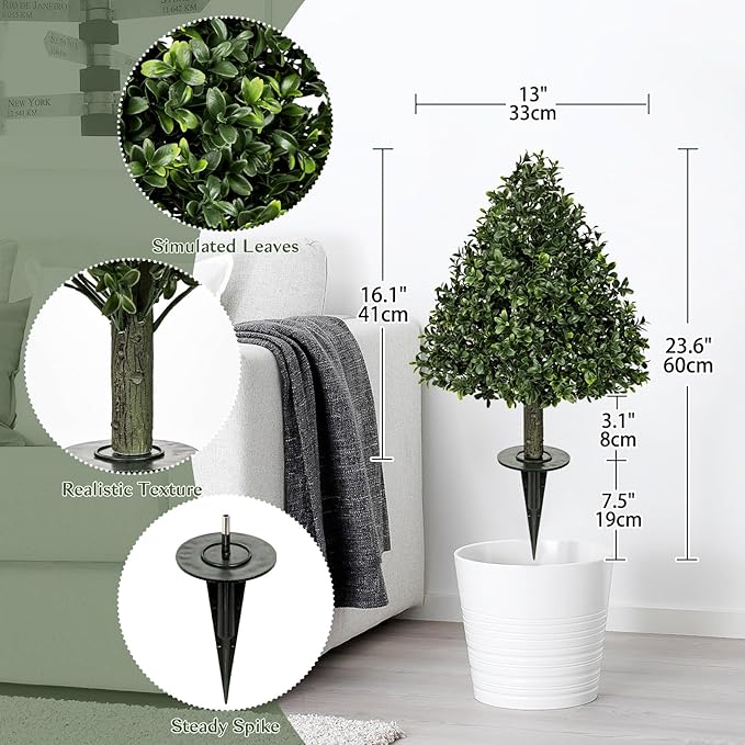 Briful Faux Boxwood Topiary Shrub with Ground Spike, 23.6in Artificial Topiary Trees Outdoors Fake Potted Boxwood Plants for Front Porch Garden Yard Home Decor
