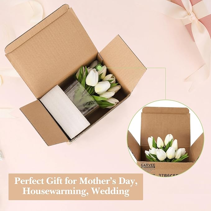 GarveeLife 12 Pcs Artificial Tulips Flowers, Real Touch Faux Tulip Stems for Vase, Home Kitchen Wedding Dining Table Decorations, Ideal Gift for Mother's Day, Easter, Valentine's Day (White)