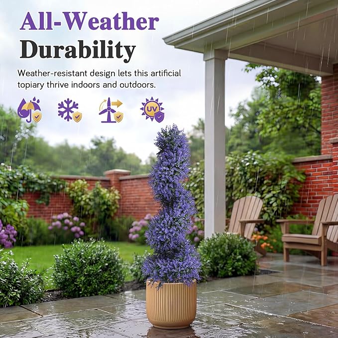PATIO CHOICE 3ft Artificial Topiary Spiral Trees with Lavender Set of 2 High End Outdoor Faux Plants Realistic Fake Bushes Lilac Shrubs Decorations for Outdoor Front Porch Garden
