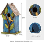 Glitzhome Bird Houses for Outside, 9.7" H Hanging Bird House for Outdoor, Patio Garden Decorative Pet Cottage Distressed Wooden Birdhouse for Bluebird Hummingbird Wren Finch Cardinals, Blue Leaves