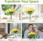 10 Pcs Artificial Tulips Flowers with Vase, Real Touch Faux Tulip Stems for Vase, Home Kitchen Wedding Dining Table Decorations, Ideal Gift for Mother's Day, Easter, Valentine's Day (Yellow)