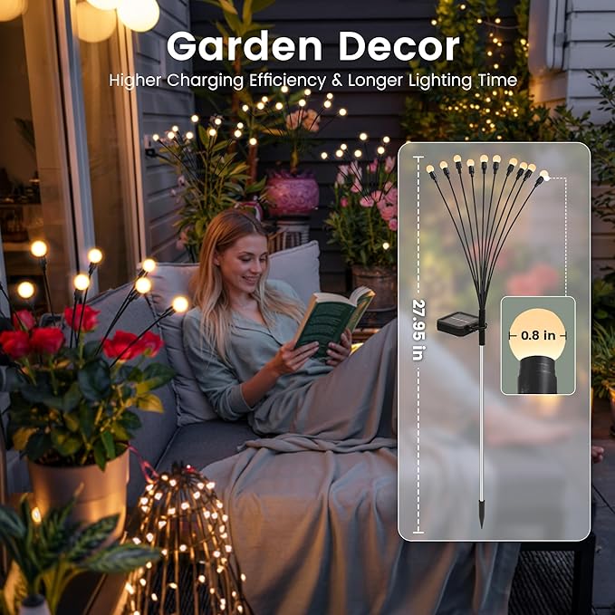 Solar Garden Lights, LED Swaying Solar Lights Outdoor Waterproof, Warm White Firefly Outdoor Decorative Lights, Garden Decor, Yard, Patio, Pathway Decoration Gardening Gifts (8 Pack)