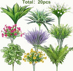 Roberly 20 Pcs Artificial Plants Outdoor, Fake Plants UV Resistant Greenery Stems Plastic Leaves Faux Flowers Bushes for Spring Summer Table Patio Front Porch Garden Indoor Outdoor Home Decor