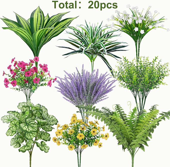 Roberly 20 Pcs Artificial Plants Outdoor, Fake Plants UV Resistant Greenery Stems Plastic Leaves Faux Flowers Bushes for Spring Summer Table Patio Front Porch Garden Indoor Outdoor Home Decor