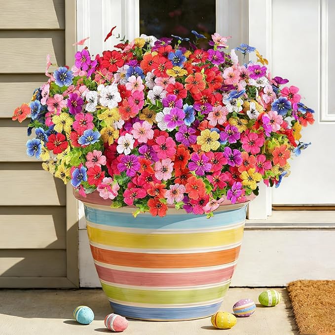 16 Bundles Artificial Flowers for Outdoors, Realistic Fake Silk Flowers for Outside, UV Resistant Faux Plants for Outdoor Planter, Hanging Basket - Porch Spring Easter Decor(8 Colors)