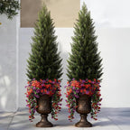 Artificial Topiary Cedar Trees 5FT Tall 2 Set with 12 Bundles Faux Silk Flowers, Outdoor Indoor Faux Pine Shrubs Plants, Fake Bushes Plants for Home Front Porch Door Patio