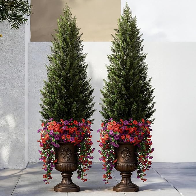 Artificial Topiary Cedar Trees 5FT Tall 2 Set with 12 Bundles Faux Silk Flowers, Outdoor Indoor Faux Pine Shrubs Plants, Fake Bushes Plants for Home Front Porch Door Patio