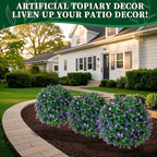 Artificial Purple Flower Boxwood Topiary Ball Trees,2 Set of 16'' UV Resistant Fake Evergreen Shrubs Bushes Plants with Ground Spike, Fake Plants for Outdoor Indoor Front Porch Garden