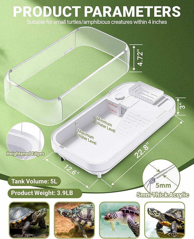 Moonorange Large Turtle Tank Kit (Tank+Lamp+Filter), Acrylic Turtle Tank Starter Kit with Heightened and Curved Fences, Bottom Drainage, Multi-Function Areas