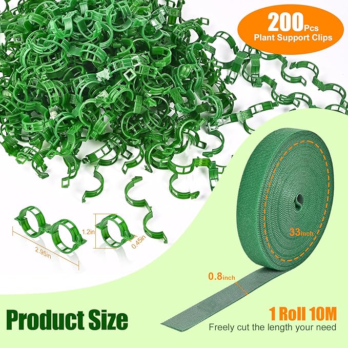 200Pcs Secured Plant Support Clips with Plant Ties 20mm 33ft - Tomato Clips Garden Tape Strap for Garden Netting Climbing Plants, Fixing Stem and Vine (Green)