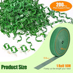 200Pcs Secured Plant Support Clips with Plant Ties 20mm 33ft - Tomato Clips Garden Tape Strap for Garden Netting Climbing Plants, Fixing Stem and Vine (Green)