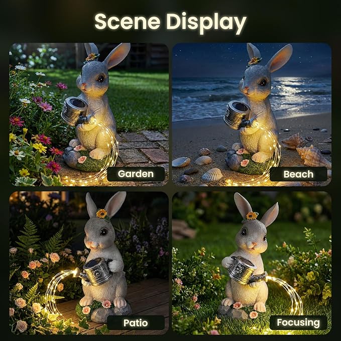 Solar Rabbit Garden Statues Outdoor Decor, Resin Rabbit Figurine Decorations with Solar Light, Whimsical Bunny Sculpture for Garden Patio, Balcony, Yard, Lawn Ornament