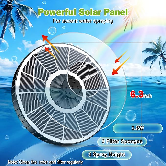 SZMP Solar Fountain with 3 Spray Height, 3.5W Glass Solar Bird Bath Fountain with 4 Adjustable Fixed Rods, and 7 Nozzles, Outdoor Solar Water Fountain Pump for Bird Bath, Garden, Pool, Pond